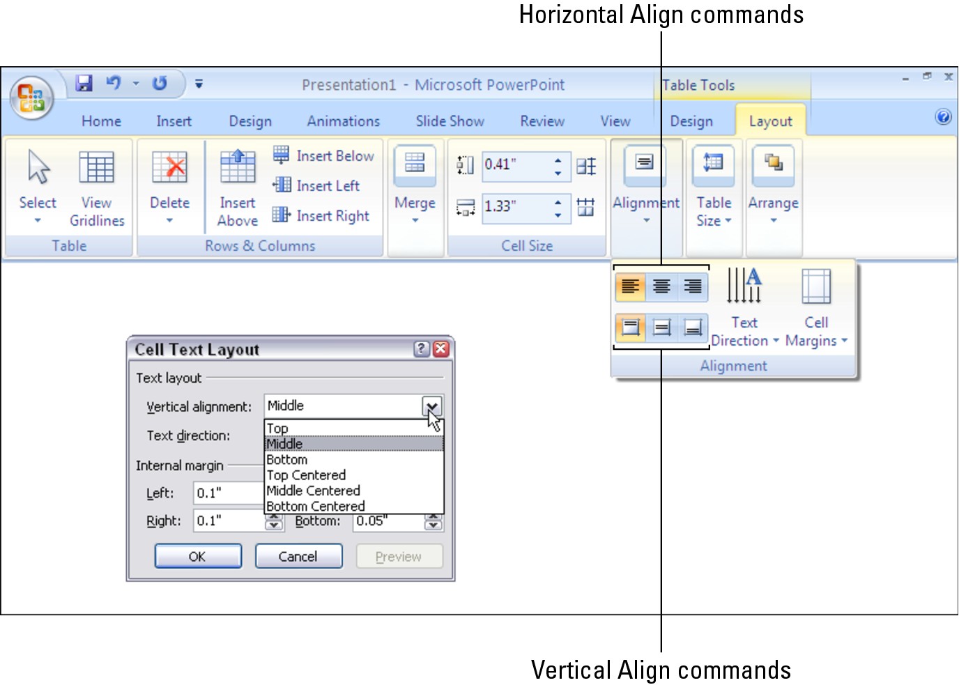 Figure 1-3: Combine two Align commands to align text any way you wish.